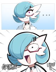Rule 34 | ..., 1girl, alternate color, black choker, black eyes, blue hair, bob cut, choker, closed mouth, coat, collarbone, colored skin, constricted pupils, dr. voir (nanosheep), emphasis lines, english text, fang, female focus, gardevoir, gen 3 pokemon, glasses, hair ornament, hair over one eye, hairclip, happy, lab coat, looking at viewer, mega stone, multiple views, nintendo, one eye covered, open mouth, pince-nez, pink eyes, pokemon, pokemon (creature), portrait, red-framed eyewear, saltyxodium, semi-rimless eyewear, shiny pokemon, short hair, skin fang, smile, split mouth, talking, v-shaped eyebrows, white coat, white skin
