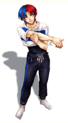 1boy male_alear_(fire_emblem) black_undershirt blue_eyes blue_hair crop_top crop_top_overhang crossed_bangs fire_emblem fire_emblem_engage gym_uniform heterochromia highres male_focus max_art149 multicolored_hair nintendo pants red_hair split-color_hair stretching sweatpants training_outfit_(fire_emblem_engage) two-tone_hair workout_clothes