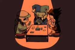 +_+ 3boys black_hair black_shirt black_shorts blue_jacket card cigarette commentary deltarune english_commentary hat heterochromatic_eyewear highres holding holding_card jacket jester_cap jevil minominoks multiple_boys neck_ruff on_chair pants playing_card pointy_ears pointy_nose sans_(undertale) shirt shorts sitting skeleton smoke smoke_trail smoking spamton_g._spamton spotlight table teeth tinted_eyewear white_pants