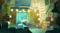 Rule 34 | aimeedrawsstuff, bed, blanket, book, book stack, bookshelf, cinder block, commentary, cup, cushion, english commentary, guitar, highres, indoors, instrument, lamp, lava lamp, loaded interior, mug, no humans, original, picture frame, pillow, plant, potted plant, rug, scenery, shelf, sword, weapon