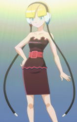 Rule 34 | 10s, 1girl, blonde hair, blue eyes, dress, elesa (pokemon), female focus, gym leader, headphones, highres, nintendo, pokemon, pokemon (anime), pokemon bw, solo, stitched, third-party edit