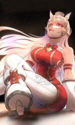 1girl 3year_etarou absurdres arm_strap blunt_bangs breasts bridle closed_mouth dress earmuffs floating_hair gloves gold_ship_(umamusume) grey_hair hat highres horseshoe large_breasts leggings long_hair on_floor pillbox_hat red_dress red_eyes red_hat shoes sitting sleeveless sleeveless_dress solo tongue tongue_out umamusume very_long_hair watermark white_gloves white_leggings white_shoes