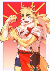 1boy animal_ears commentary fang flexing fox_boy fox_ears fox_tail furry highres inari_(housamo) looking_at_viewer male_focus one_eye_closed open_mouth smile symbol-only_commentary tail tokyo_houkago_summoners toned toned_male ye_xiang_(l3yj2vcknincza7)