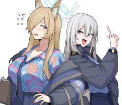 2girls animal_ear_fluff animal_ears black_jacket blonde_hair blue_archive blue_eyes blue_necktie blue_shirt blue_skirt blush clipboard dog_ears dog_girl floral_print formicid grey_eyes grey_hair hair_between_eyes hair_over_one_eye hand_on_own_hip highres holding holding_clipboard jacket kanna_(blue_archive) konoka_(blue_archive) long_hair looking_at_another multiple_girls necktie open_mouth sharp_teeth shirt sidelocks skirt teeth