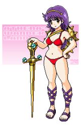 1girl athena_(series) bikini breasts cleavage feet hand_on_own_hip large_breasts legs long_hair looking_at_viewer navel pixel_art princess_athena purple_hair red_bikini smile snk swimsuit thighs weapon yellow_eyes
