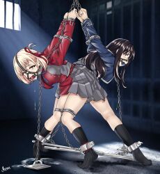Rule 34 | 2girls, absurdres, arms behind back, arms up, ball gag, bdsm, bound together, chain, drawfagmona, gag, gag harness, highres, indoors, inoue takina, knees together feet apart, leaning forward, long sleeves, lycoris recoil, multiple girls, nishikigi chisato, saliva, skirt, socks, tagme, tiptoes