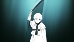 3boys animated battle black_hair brothers cape en&#039;en_no_shouboutai fire multiple_boys shinra_kusakabe sho_kusakabe short_hair siblings sword tagme video viktor_licht weapon white_hair