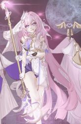 1girl absurdres arm_under_breasts bell black_shorts breasts chinese_commentary commentary_request corset diamond-shaped_pupils diamond_(shape) elysia_(herrscher_of_human:_ego)_(honkai_impact) elysia_(honkai_impact) full_moon gloves highres holding holding_staff honkai_(series) honkai_impact_3rd large_breasts long_hair looking_at_viewer moon open_mouth pink_hair purple_eyes purple_sky short_shorts shorts sky solo staff su_you symbol-shaped_pupils veil very_long_hair white_corset white_gloves white_veil