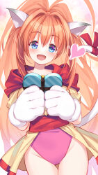 1girl animal_ears animal_hands bell blue_eyes box bucchake_(asami) candy cat_ears cat_paws cat_tail chocolate chocolate_heart cowboy_shot dress fang food gift gloves hair_between_eyes heart heart-shaped_box heart-shaped_food high_ponytail holding holding_food leotard long_hair looking_at_viewer melody_sinclair open_mouth paw_gloves pink_hair pink_leotard ponytail ribbon smile solo straight-on tail tail_ornament tail_ribbon thighs tooth valentine wide_ponytail yellow_dress yuukyuu_gensoukyoku