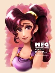 1girl airagency1005 ancient_greek_clothes animification bare_shoulders brown_hair dress eyeshadow greco-roman_clothes hercules_(1997_movie) highres long_hair looking_at_viewer makeup megara_(disney) ponytail purple_dress purple_eyes purple_eyeshadow simple_background sleeveless smile solo