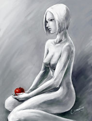 1girl apple claymore_(series) crossing dated female_focus food fruit helen highres nude parted_lips short_hair signature sitting solo spot_color wariza