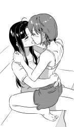 2girls absurdres arms_around_waist awa_subaru barefoot blush bra closed_eyes commentary_request dolphin_shorts girls_band_cry greyscale habsida_(habsida_hpy) hand_on_another&#039;s_shoulder highres iseri_nina korean_commentary long_hair monochrome multiple_girls no_shirt open_mouth partial_commentary protected_link shirt short_sleeves short_twintails shorts sitting sitting_on_lap sitting_on_person sweatdrop toes twintails underwear yuri