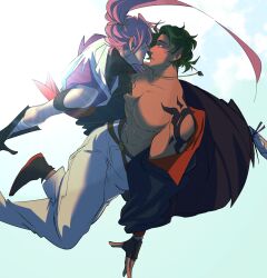 Rule 34 | 2boys, adam&#039;s apple, bara, cherry blossom (sk8), green hair, jacket, joe (sk8), karina farek, long hair, long sleeves, male focus, multiple boys, muscular, muscular male, pants, pectorals, pink hair, ponytail, shoulder tattoo, sk8 the infinity, sun symbol, sun tattoo, tan, tattoo, yaoi