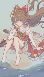 1girl ajing barefoot beach bow brown_eyes brown_hair closed_mouth detached_sleeves floating_hair flower frilled_bow frilled_hair_tubes frilled_skirt frills hair_flower hair_ornament hair_tubes hakurei_reimu long_hair long_sleeves outdoors print_bow red_bow red_shirt red_skirt red_wrist_cuffs ribbon-trimmed_sleeves ribbon_trim see-through_clothes see-through_sleeves shirt sitting skirt sleeveless sleeveless_shirt smile soaking_feet solo thigh_strap touhou very_long_hair white_sleeves wrist_cuffs