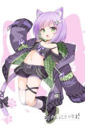 1girl :o animal_ears biohazard_symbol black_shirt boots cat_ears cat_girl cat_tail child colored_inner_hair commission crop_top cropped_shirt flat_chest green_eyes green_hair highres hood hood_down hooded_jacket indie_virtual_youtuber jacket long_sleeves midriff mogura2009 multicolored_hair navel off-shoulder_shirt off_shoulder open_clothes open_jacket oversized_clothes purple_hair radiation_symbol shirt short_hair short_shorts shorts shwaa single_thighhigh skeb_commission stomach strap_slip tail thighhighs virtual_youtuber white_thighhighs