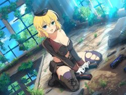 1girl :3 bare_shoulders belt belt_buckle belt_pouch blonde_hair blue_eyes blush boots breasts broken_glass broken_window brown_belt brown_boots buckle buttons cleavage collarbone double-breasted glass gloves grass green_eyes gun hair_between_eyes handgun hebijo_academy_school_uniform heterochromia infinity_symbol large_breasts light_particles light_rays long_sleeves looking_at_viewer official_alternate_costume official_art open_mouth overgrown plant pouch purple_thighhighs rock rubble ruins ryouna_(senran_kagura) school_uniform senran_kagura senran_kagura_new_link senran_kagura_shinovi_versus shiny_skin short_hair sitting smile solo sparkle sunbeam sunlight sweat thighhighs tongue torn_boots torn_clothes torn_sleeves torn_thighhighs tree wariza weapon white_gloves yaegashi_nan