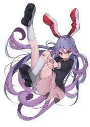 Rule 34 | 1girl, absurdres, animal ears, black jacket, black shoes, blazer, closed mouth, collared shirt, commentary, finger gun, full body, highres, jacket, kararage tsune, kneehighs, leg up, long hair, long sleeves, looking at viewer, necktie, pink skirt, pointing, pointing at viewer, purple hair, rabbit ears, red eyes, red necktie, reisen udongein inaba, shirt, shoes, simple background, skirt, socks, solo, thighs, touhou, v-shaped eyebrows, very long hair, white background, white shirt, white socks