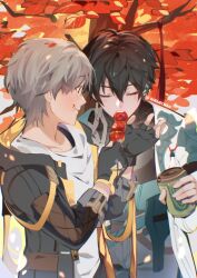 2boys arm_ribbon artist_name black_coat black_gloves black_hair black_shirt blush branch brown_eyes caelus_(honkai:_star_rail) can chinese_clothes closed_eyes closed_mouth coat collarbone commentary dan_heng_(honkai:_star_rail) dan_heng_(hunt)_(honkai:_star_rail) drink_can eating english_commentary eyeshadow fingerless_gloves food food_on_face gloves grey_background grey_hair grey_pants hair_between_eyes hand_up hands_up holding holding_can holding_skewer honkai:_star_rail honkai_(series) hood hooded_coat lapels leaf long_sleeves looking_at_another makeup male_focus multiple_boys open_clothes open_coat open_mouth pants red_eyeshadow rhemechan ribbon shirt short_hair simple_background skewer smile soda_can standing t-shirt tanghulu tassel teeth trailblazer_(honkai:_star_rail) tree two-sided_coat two-sided_fabric white_coat white_shirt yaoi yellow_coat