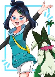1girl :d absurdres black_hair black_shirt blue_eyes blush clenched_hand commentary_request cowboy_shot eyelashes hair_ornament hairclip happy highres liko_(pokemon) meowscarada nintendo open_mouth pokemon pokemon_(anime) pokemon_(creature) pokemon_horizons shirt shorts sidelocks smile teeth tongue upper_teeth_only vest white_background white_shorts yellow_bag zumomo_(amvs8557)