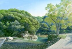 artist_name blue_sky contrail dated day lake no_humans original painting_(medium) path reflection reflective_water road rock rural scan signature sky third-party_source traditional_media tree yamamoto_nizo