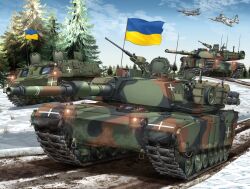 absurdres aircraft airplane armored_personnel_carrier armored_vehicle browning_m2 caterpillar_tracks commentary_request day f-16_fighting_falcon fighter_jet flag flag_on_vehicle gun heavy_machine_gun highres m1_abrams machine_gun mikeran_(mikelan) military military_vehicle motor_vehicle no_humans open_hatch original outdoors pine_tree radio_antenna snow su-25 tank tree ukraine ukrainian_flag ukrainian_ground_forces vehicle_focus weapon