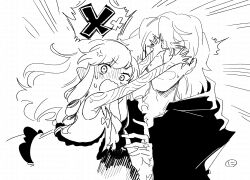 1boy 1girl anger_vein arms_up bare_arms bare_shoulders blush covering_another&#039;s_eyes curse_maker curse_maker_1 doctor_magus doctor_magus_4 dress ear_blush emphasis_lines etrian_odyssey greyscale hand_up highres hood hood_down hooded_robe long_hair monochrome nikki_kyousuke nose_blush pointy_ears robe simple_background sleeveless sleeveless_dress spoken_x very_long_hair white_background