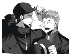 Rule 34 | 008 yumyum, 2boys, baseball cap, border, closed eyes, closed mouth, collared jacket, collared shirt, commentary request, cosplay, costume switch, eyelashes, facial hair, fingernails, goatee, greyscale, hat, headwear switch, holding, holding unworn clothes, holding unworn hat, jacket, kaku (one piece), korean commentary, lapels, long hair, long nose, looking at another, male focus, monochrome, multiple boys, nail polish, one piece, open mouth, ponytail, popped collar, rob lucci, sharp fingernails, shirt, short hair, sideburns, simple background, teeth, tongue, top hat, unworn hat, unworn headwear, upper teeth only, white background, wing collar, zipper