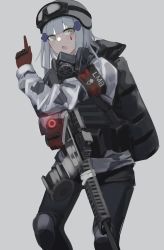 1girl armor assault_rifle bag camouflage facial_mark girls&#039;_frontline gloves goggles goggles_on_headwear green_eyes gun h&amp;k_hk416 hair_ornament hat helmet highres hk416_(fang)_(girls&#039;_frontline) hk416_(girls&#039;_frontline) holding holding_gun holding_weapon jacket long_hair mask p416 pantyhose red_gloves respirator rifle silver_hair snow_camouflage solo tom_clancy&#039;s_the_division ubah weapon winter_uniform