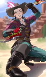 1boy aqua_pants aqua_sleeves arm_up belt black_boots black_gloves black_hair blurry blurry_background boots brown_belt brown_hat cactus collarbone commentary_request dagger desert dragon_quest dragon_quest_xi dual_wielding earrings flower gloves green_eyes grin hat hat_feather highres holding holding_dagger holding_knife holding_weapon jewelry jimaku_726 knife lens_flare looking_down male_focus medium_hair official_alternate_costume pants red_flower red_rose rose smile solo squatting stud_earrings sylvia_(dq11) weapon