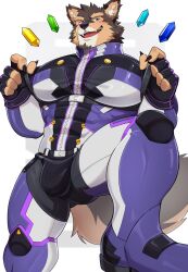 1boy abs animal_ears bara blush bodysuit bulge claws commentary dog_boy dog_ears dog_tail english_commentary fangs fingerless_gloves furry furry_male geckobara gem gloves highres live_a_hero male_focus muscular muscular_male open_mouth pectorals pubraseer_(live_a_hero) purple_eyes smile tail white_background