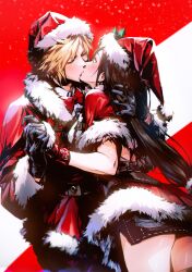 1boy 1girl ass ass_peek black_hair blonde_hair blush breasts capelet christmas closed_eyes cloud_strife couple dress final_fantasy final_fantasy_vii final_fantasy_vii_ever_crisis fur-trimmed_capelet fur-trimmed_gloves fur_trim gloves hat hetero highres kiss long_hair medium_breasts official_alternate_costume red_capelet red_dress red_headwear santa_costume santa_gloves santa_hat skirt spiked_hair spykeee surprised tifa_lockhart tifa_lockhart_(fairy_of_the_holy_flame) wide-eyed