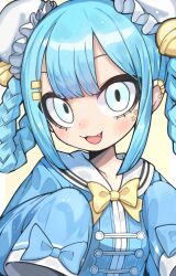 1girl :3 bell blue_bow blue_eyes blue_hair blue_jacket blush_stickers bow bowtie braid braided_hair_rings bun_cover commentary earclip fang film_grain frills hair_bell hair_ornament hair_rings hairclip highres jacket ketopon long_sleeves medium_hair open_mouth original sailor_collar sailor_jacket simple_background sleeve_bow sleeves_past_fingers sleeves_past_wrists smile solo star_sticker sticker_on_face symbol-only_commentary upper_body white_sailor_collar yellow_background yellow_bow yellow_bowtie