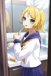 Rule 34 | 1girl, blonde hair, blue eyes, blue sailor collar, blue skirt, bow, bow hairband, brushing teeth, cup, food, fruit, hairband, highres, kagamine rin, looking at viewer, mirror, mug, orange (fruit), reflection, sailor collar, school uniform, serafuku, shirt, skirt, solo, soramame pikuto, toothbrush, toothpaste, vocaloid, white bow, white shirt, yellow sailor collar