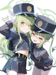 2girls :d :t armband black_hat black_jacket black_skirt black_tail blue_archive blue_armband buttons commentary_request demon_tail double-breasted fang gloves green_hair green_halo halo hat highres hikari_(blue_archive) jacket long_hair long_sleeves looking_at_viewer midriff multiple_girls navel nozomi_(blue_archive) open_mouth paid_reward_available pantyhose peaked_cap pleated_skirt pointy_ears pout siblings simple_background sisters skin_fang skirt smile tail tateishi_kureha train_conductor twins twintails twitter_username white_background white_gloves white_pantyhose yellow_eyes