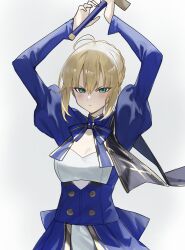 1girl absurdres ahoge arms_up artoria_pendragon_(fate) blonde_hair blue_dress blush braid closed_mouth commentary dress fate/stay_night fate/unlimited_blade_works fate_(series) green_eyes hair_between_eyes highres holding holding_sword holding_weapon honkai:_star_rail honkai_(series) juliet_sleeves long_sleeves looking_at_viewer official_alternate_costume puffy_sleeves saber_(fate) saber_(honkai:_star_rail)_(fate) short_hair sidelocks simple_background solo sword vixsi_art weapon white_background