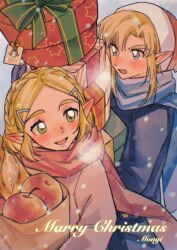 1boy 1girl apple artist_name bag blue_coat blue_eyes blue_scarf blush box braid bread christmas_present coat crown_braid earrings food fruit gift green_eyes grocery_bag hair_between_eyes hair_ornament hairclip hat highres holding holding_bag holding_box holding_gift jewelry link loaf_of_bread medium_hair merry_christmas mouyi nintendo open_mouth parted_bangs pink_coat pointy_ears princess_zelda red_scarf santa_hat scarf shopping_bag short_hair sidelocks smile snow steam_from_mouth the_legend_of_zelda the_legend_of_zelda:_tears_of_the_kingdom thick_eyebrows upper_body