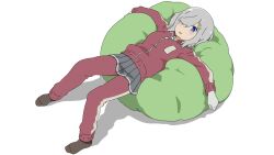 bean_bag_chair blue_eyes cosplay grey_hair grey_skirt hair_ornament hair_over_one_eye hairclip hamakaze_(kancolle) hoshino_miyako_(wataten) hoshino_miyako_(wataten)_(cosplay) jacket kantai_collection lying pants pants_under_skirt parody red_jacket red_pants red_track_suit short_hair skirt style_parody sugapi track_jacket track_pants track_suit track_uniform watashi_ni_tenshi_ga_maiorita!