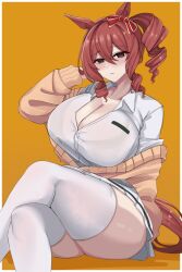 1girl animal_ears arm_up bow breasts brown_eyes brown_hair brown_tail cardigan cleavage collarbone collared_shirt commentary_request crossed_legs drill_hair drill_ponytail drill_sidelocks ear_ornament ear_ribbon hair_between_eyes highres horse_ears horse_girl horse_tail huge_breasts lengkuass looking_at_viewer miniskirt norn_ace_(umamusume) pleated_skirt red_ribbon ribbon shirt side_drill side_ponytail sidelocks simple_background skirt solo tail thick_thighs thighhighs thighs umamusume umamusume:_cinderella_gray white_shirt white_skirt white_thighhighs yellow_cardigan