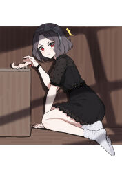 &gt;:( 1girl ^^^ absurdres ankle_socks black_dress bow_hairband dress ebizuka_tomo frown full_body girls_band_cry hairband heart highres indoors lan_mao_akko lizard medium_hair no_shoes red_eyes socks solo v-shaped_eyebrows white_socks