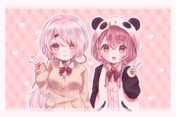 2girls animal_hood border bow brown_sweater cropped_legs drawstring hair_ornament hairclip hood looking_at_viewer mi_oxo_9m multiple_girls nijisanji open_mouth panda_hood pink_hair red_bow sasaki_saku sasaki_saku_(1st_costume) shiina_yuika shiina_yuika_(1st_costume) sweater v virtual_youtuber white_border