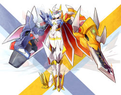 absurdres bingshan cannon cape digimon digimon_adventure digimon_adventure:_bokura_no_war_game genderswap genderswap_(mtf) green_eyes highres leotard lightning_bolt_symbol omegamon personification red_cape shoulder_spikes solo spiked_boots spikes split_mouth sword weapon