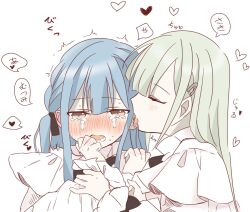 2girls bang_dream! bang_dream!_it&#039;s_mygo!!!!! blue_hair closed_eyes commentary dress ear_licking green_hair hair_ornament hairclip hand_blush heart highres holding_another&#039;s_wrist licking lilykuro_2nd long_hair multiple_girls simple_background spoken_heart sweat tears togawa_sakiko tongue tongue_out upper_body wakaba_mutsumi white_background white_dress yellow_eyes yuri