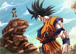 Rule 34 | 2boys, blue bodysuit, blue sash, blue shirt, bodysuit, boots, crossed legs, dougi, dragon ball, dragonball z, gloves, highres, male focus, medium hair, multiple boys, muscular, muscular male, orange pants, orange shirt, pants, saiyan armor, sash, shirt, son goku, spiked hair, standing, stmt tmtk, vegeta, white boots, white gloves