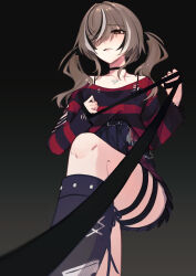 1girl assertive_female black_boots black_choker black_shirt black_skirt black_streaks blush boots brown_eyes brown_hair choker from_below high-waist_skirt highres holding holding_leash hololive hololive_english horizontal-striped_clothes hunk_404 lace lace_choker leash medium_hair multicolored_hair nanashi_mumei nanashi_mumei_(emo) parted_lips pleated_skirt pov red_shirt shirt skirt solo streaked_hair striped_clothes striped_shirt thigh_strap twintails two-tone_shirt viewer_on_leash virtual_youtuber white_streaks