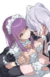 2girls apron black_dress breasts censored cum cum_in_mouth cum_on_body cum_string dress earrings facial fern_(sousou_no_frieren) frieren futa_with_female futanari grey_hair highres jewelry large_breasts long_hair m_k maid maid_headdress missing_commentary mosaic_censoring multiple_girls paizuri ponytail purple_eyes purple_hair simple_background sousou_no_frieren twintails white_apron white_background