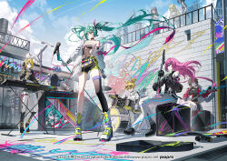 2boys 6+girls aqua_eyes aqua_hair black_gloves black_thighhighs blonde_hair blue_eyes breasts brown_hair copyright_notice day drum drum_set electric_guitar gloves graffiti guitar half-skirt hatsune_miku instrument jacket kagamine_len kagamine_rin kaito_(vocaloid) keyboard_(instrument) long_hair medium_breasts megurine_luka meiko_(vocaloid) multiple_boys multiple_girls off_shoulder open_clothes open_jacket outdoors pants pants_under_skirt pink_hair qys3 short_hair single_thighhigh thighhighs twintails two-tone_shorts vocaloid watermark web_address white_gloves
