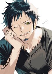 1boy arm_tattoo black_hair black_shirt commentary_request facial_hair goatee hand_tattoo looking_at_viewer male_focus no_on1006 one_eye_closed one_piece open_mouth shirt sideburns simple_background smile solo tattoo trafalgar_law upper_body white_background yellow_eyes