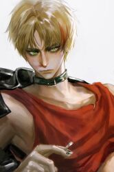 Rule 34 | 1boy, absurdres, axis powers hetalia, belt collar, black nails, blonde hair, blood, blood on face, cigarette, collar, earrings, eyeliner, green eyes, highres, holding, holding cigarette, jewelry, makeup, male focus, multicolored hair, nosebleed, red hair, red shirt, shirt, short hair, simple background, solo, streaked hair, thick eyebrows, united kingdom (hetalia), upper body, wafen juemu, white background