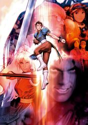 2001 3girls 6+boys absurdres asamiya_athena ass boots bracelet bun_cover capcom capcom_vs_snk capcom_vs_snk_2 china_dress chinese_clothes chun-li double_bun dress earrings evil_smile fatal_fury fighting_stance final_fight game_cg garou:_mark_of_the_wolves genryuusai_maki hair_bun hairband haoumaru hat headband highres jewelry justice_gakuen kagami_kyousuke kusanagi_kyou mori_toshiaki multiple_boys multiple_girls non-web_source official_art pantyhose pelvic_curtain realistic rock_howard samurai_spirits sash smile snk spiked_bracelet spikes street_fighter street_fighter_iii_(series) the_king_of_fighters v yagami_iori yang_lee yun_lee