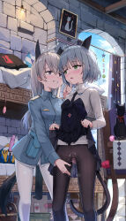 2girls absurdres animal_ears ball_gag black_necktie black_pantyhose blazer blue_hair blush breasts cat_ears cat_girl cat_tail clothes_lift clothes_pull cloud collared_shirt day dildo egg_vibrator eila_ilmatar_juutilainen epaulettes fox_ears fox_girl fox_tail gag green_eyes grey_hair grin highres indoors jacket liclac lifting_own_clothes loli long_hair looking_at_another looking_to_the_side mixed-language_commentary multiple_girls necktie object_insertion open_mouth pantyhose pantyhose_pull pleated_skirt pouch purple_eyes sanya_v._litvyak sex_toy shirt skirt skirt_lift sky small_breasts smile standing strike_witches strike_witches:_aurora_no_majo strike_witches:_suomus_misfits_squadron tail teeth vaginal vaginal_object_insertion very_long_hair vibrator vibrator_under_pantyhose white_pantyhose white_shirt world_witches_series yuri